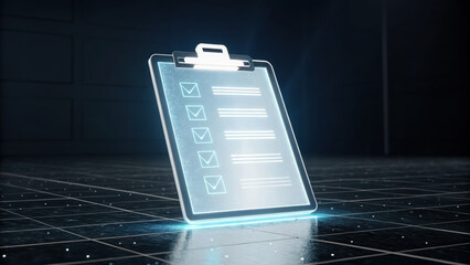 Holographic digital clipboard displaying checklist with checkmarks, glowing dark environment