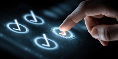 Digital Selection: A close-up image shows a finger interacting with a digital interface, highlighting the act of selecting and confirming choices in a modern digital world.
