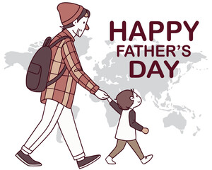 Happy Father's Day with dad and children silhouettes. Vector greeting card with a nice message of Father's Day. 