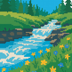 river landscape pixel art, vector illustration on isolated background.