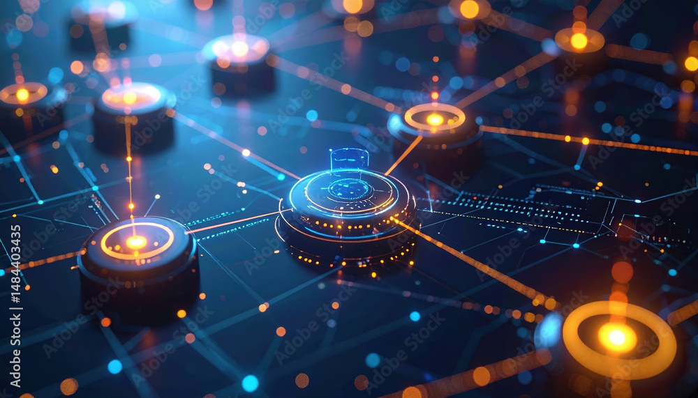Poster futuristic digital network with interconnected nodes and glowing lights, representing advanced
