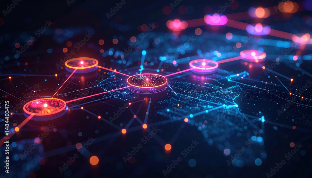 Poster futuristic digital network with glowing nodes and connecting lines representing data flow