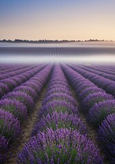 Misty Lavender Fields at Sunrise: A Serene Photographic Study