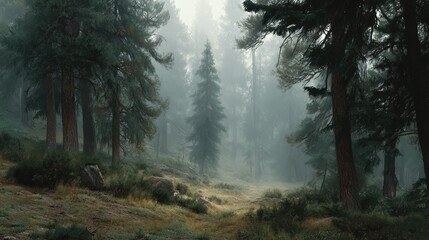 Fototapeta premium Misty forest scene with tall trees and greenery.
