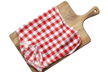 Red gingham cloth on wooden cutting board
