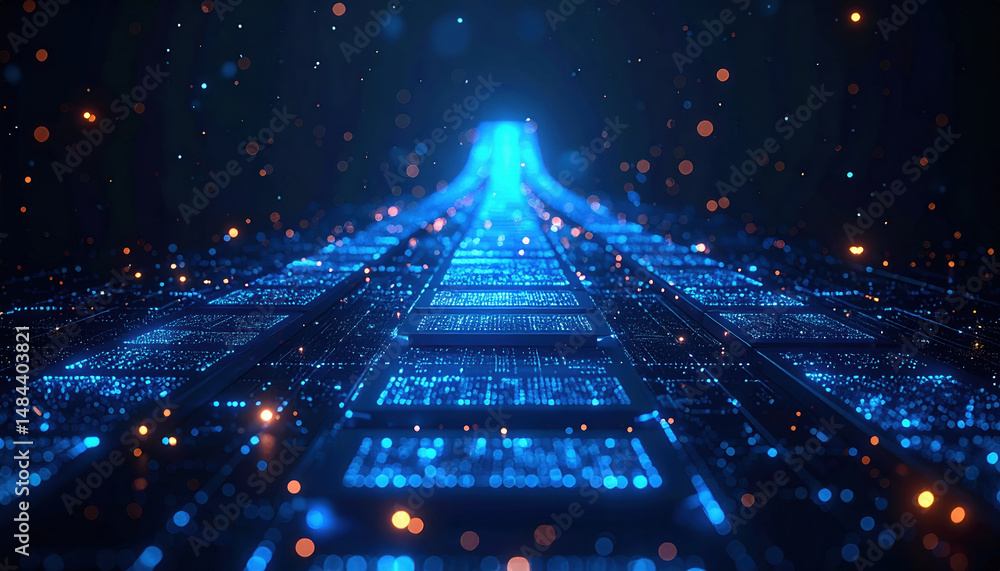 Poster futuristic digital pathway illuminated with blue lights and glowing particles, creating high