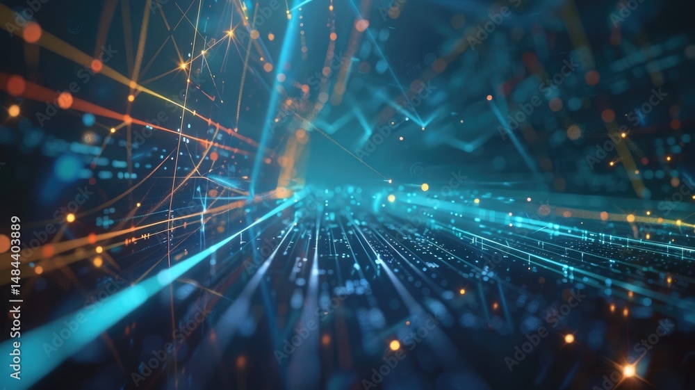 Poster abstract picture of neon light particle with digital technology style design connecting become dynam