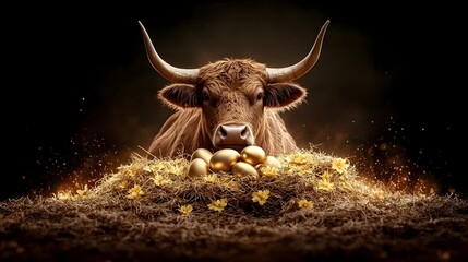 Naklejka premium Guarding the Golden Goose A Powerful Bull Protects a Nest of Dividend Yielding Growth Prosperity and in the Financial Markets