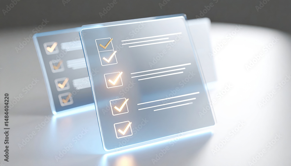 Poster futuristic to do list made of transparent ui cards hovering in d space with each