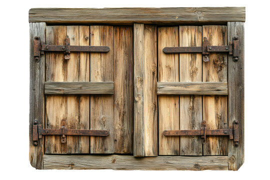 Rustic wooden window shutters, aged and weathered, with metal hinges and latches
