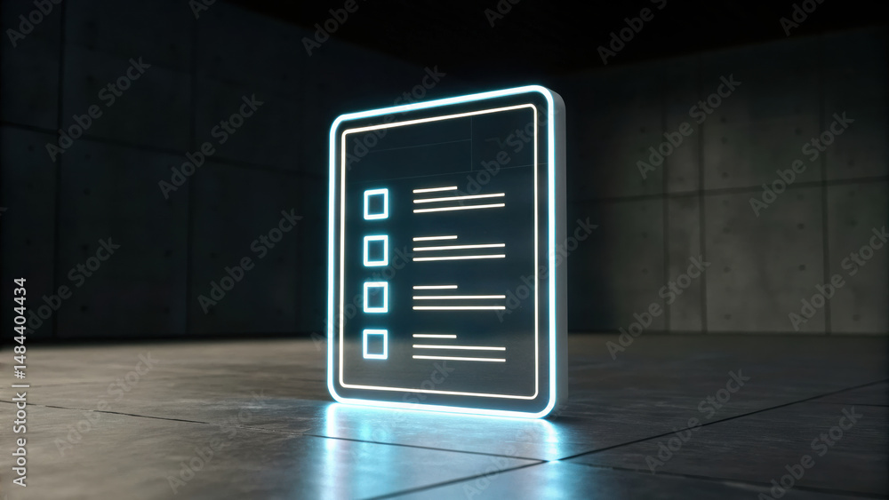 Aufkleber glowing holographic checklist interface floating dark room, futuristic digital display with