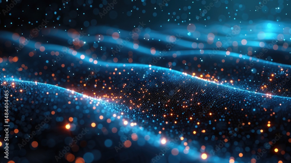 Poster abstract picture micro light sparkling particle represent data flow. vivid flowing wave with high te
