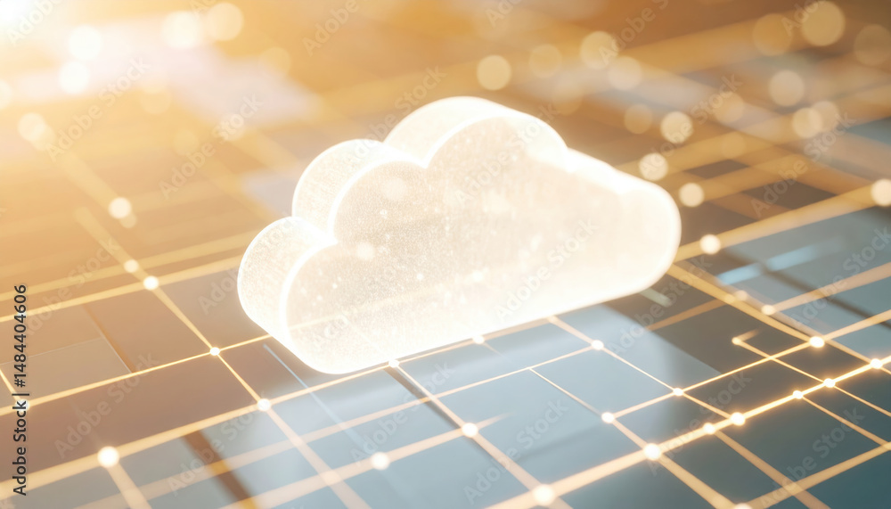 Poster glowing cloud hologram over digital grid with ambient lighting, representing cloud computing