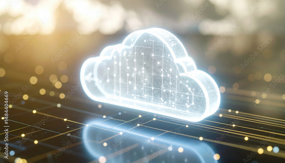 Poster digital hologram of cloud symbol floating above data grid with glowing points and lines