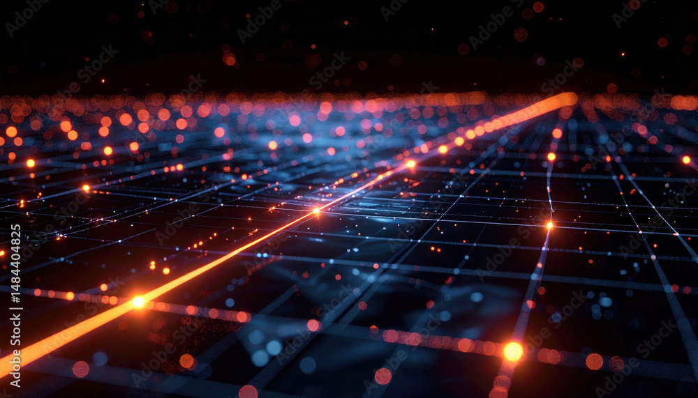 Poster futuristic digital grid with glowing lines and points, representing data flow and connectivity