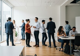 Group of diverse business people in a modern office space having a casual meeting and working together