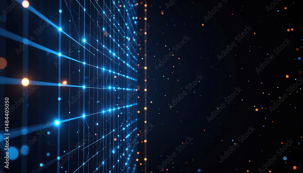 Poster digital grid of glowing blue and orange points and lines creating futuristic network