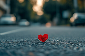 Lost Heart: Red origami heart abandoned on a cold asphalt street backdrop