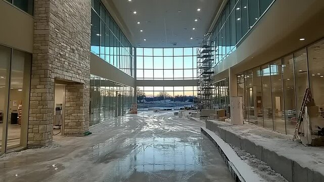 Interior view of a modern, under-construction building, featuring large windows and stone accents, with a partially completed interior