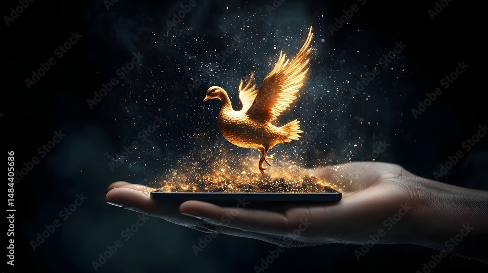 Poster holographic golden goose floating over trader s palm displaying live dividend yield data for ai enha