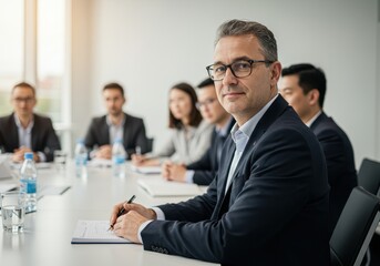 Fototapeta premium A businessman looks at the camera during a meeting with diverse colleagues at a conference table