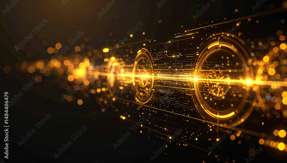 Poster futuristic digital interface with glowing golden holographic elements and data streams