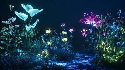 A cybernetic garden with glowing bioluminescent plants and holographic flowers
