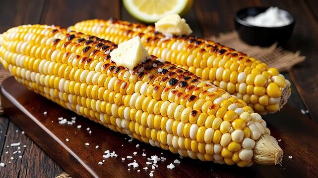Grilled corn on the cob with butter and seasoning on wooden board  