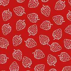 Seamless pattern with strawberry. Red background with strawberry outline.