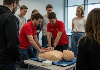 Instructors demonstrate cpr on a mannequin during a first aid training session with students