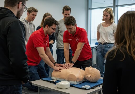 Instructors demonstrate cpr on a mannequin during a first aid training session with students