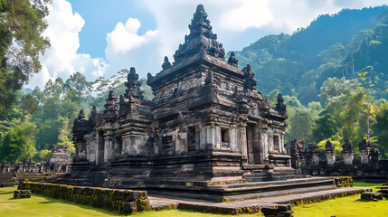 Obraz premium Ancient indonesian temple, intricate stone carvings, volcanic rock architecture, sunny day, lush tropical background. [Volcanic Temples] | Scorched Choir | burnt singers. Illustration