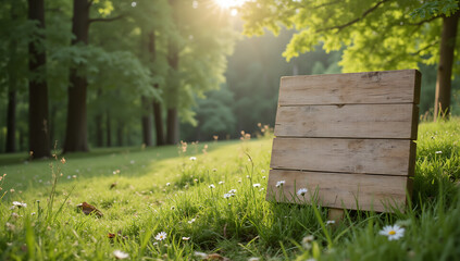 Naklejka premium Blank Wooden Sign in Lush Summer Forest, Perfect for DIY Projects, Rustic Decor, and Nature-Themed Branding