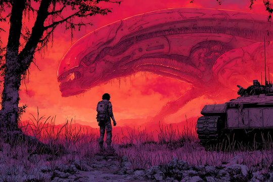 Gigantic alien menace and distant soldier