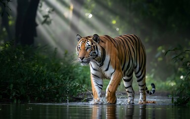 Naklejka premium Majestic bengal tiger walking through water in a lush green forest environment