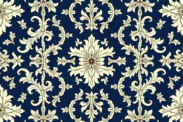 Symmetrical paisley damask design with flowing lines and acanthus leaves, cream on navy , tapestry, navy background, cream background