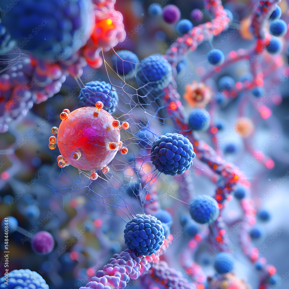 Poster microscopic view of abstract cells or particles in blue and red