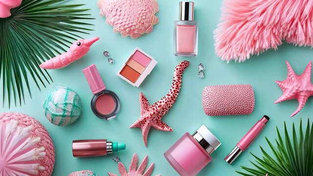 Pink cosmetics arranged with decorative sea creatures and palm leaves on a teal background