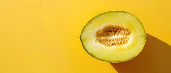 Green melons halved on a colorful background. Top down aerial view of green fruit with green flesh and vibrant background. Flat lay composition with copy space for healthy food and summer. AIG55.