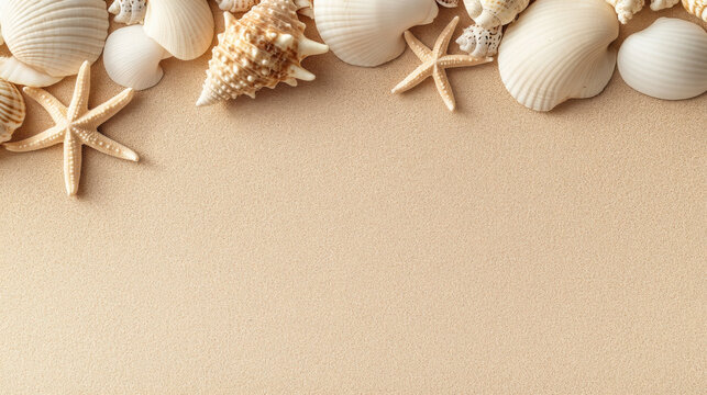 Top view of a sandy beach with collection of exotic seashells and starfish