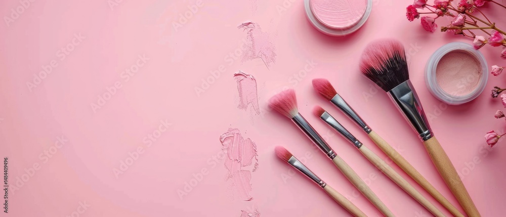 Aufkleber paintbrushes and paint splashes on colorful background. flat lay composition with copy space for art
