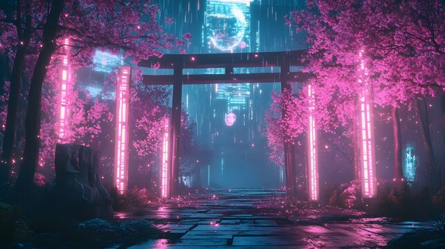 Cyberpunk Shrine in Sakura Forest under Glowing Neon Moonlight

