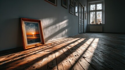 Empty wooden frame on oak floor, morning light casting shadows. Minimalism and space for imagination.