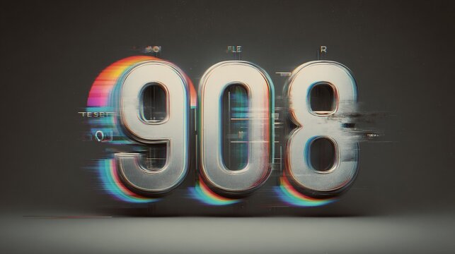 Abstract futuristic 3D render of the number 908 with vibrant glitch effects