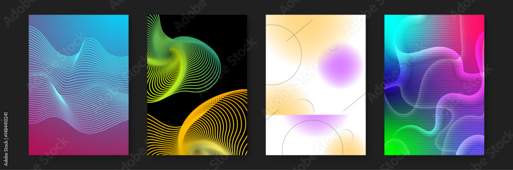 Poster four abstract backgrounds with wavy lines and gradient colors. suitable for web design, presentation