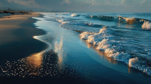 Smooth sandy beach with abstract waves, soft morning light, minimalist serenity