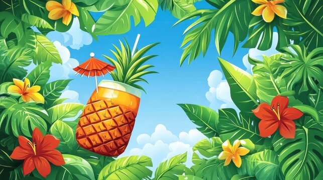 Exotic tropical getaway illustration pineapple cocktail under bl