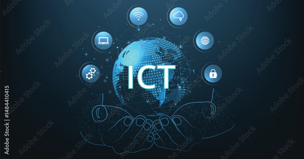 Aufkleber Information and communication technology(ICT)design.Information and communication technology on dark blue background.Wireless communication network. Intelligent system automation.	
