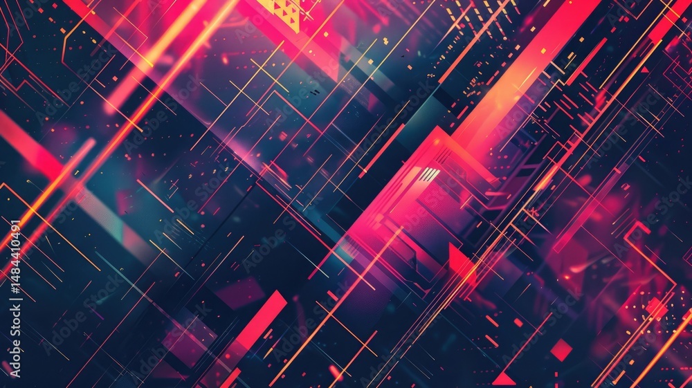 Poster abstract digital art with pink and blue line and geometric shapes with glowing vibrant color glitch 