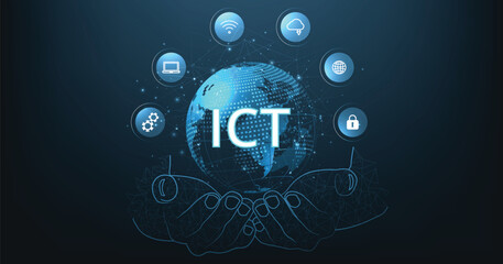Information and communication technology(ICT)design.Information and communication technology on dark blue background.Wireless communication network. Intelligent system automation.	